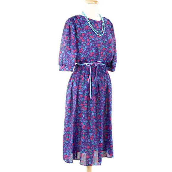Vintage 80s Day Dress Flowy Blue Pink Graphic Print Elastic Waist Sz M - Hey Viv - Picture 3 of 5